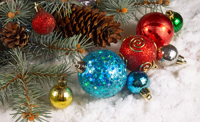 Image of beautiful Christmas decorations. Festive Christmas card..