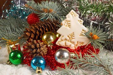 Image of beautiful Christmas decorations. Festive Christmas card..