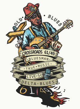 Blues music concept. Elderly Afro American bluesman playing slide guitar. Tattoo and t-shirt design. Musical legend, crossroads 61/49 and devil