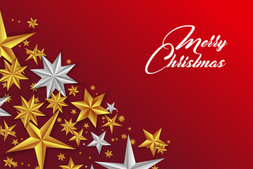 Red Christmas Background with Border made of Cutout Foil. Stars and Snowflakes. Chic Christmas Greeting Card.