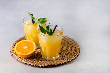 Orange Juice in Glass with Ice Cube Tasty and Healthy Drink Detox Copy Space