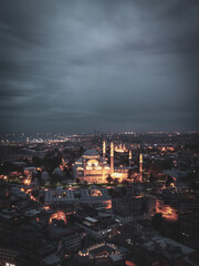 Aerial view of Suleymaniye Mosque in Istanbul. Aerial view of Suleymaniye Mosque at night. Beautiful Mosque at night.