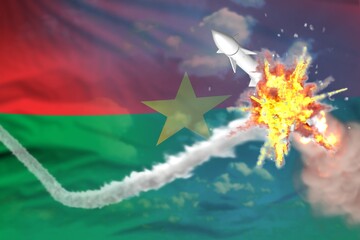 Strategic rocket destroyed in air, Burkina Faso ballistic missile protection concept - missile defense military industrial 3D illustration