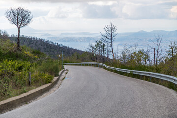 The road  to the volcano mount Vesuvius and panoramic  view of Naples city Italy