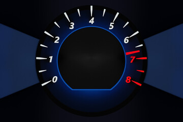 3D ilustration close up car  tachometer  with white lights and blue  round inside on black...