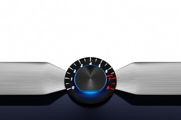 3D ilustration close up car  tachometer  with white lights and blue  round inside at the bottom...