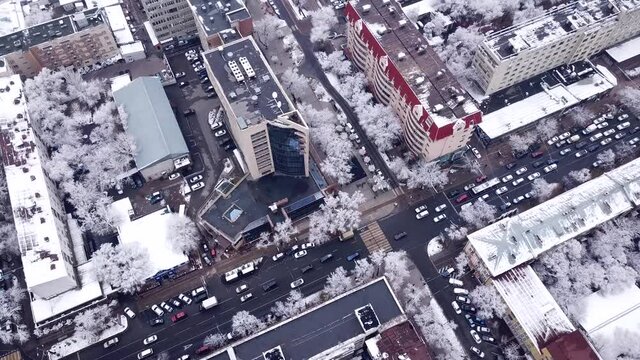 Snow-white trees among the stone houses of the city. Top view from a drone on Almaty, Kazakhstan. Big megapolis, roofs of houses, traffic of cars at the intersection. People go about their business.