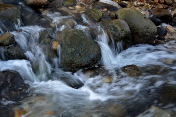 Fototapeta na wymiar A small cascade of waterfalls on the river.