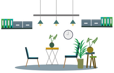 Workspace interior with houseplants and table