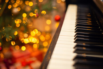 Piano keyboard with bright christmas lights on the background. Close-up shot of an old piano with decorated background