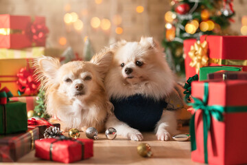 Fototapeta na wymiar happiness and cheerful Dogs breed pomeranian and Chihuahua friend laydown together with gifts present boxes and Christmas tree in the room, Happy Christmas festive background