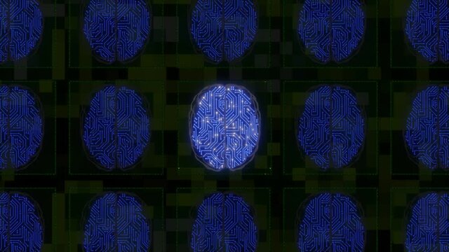 Zooming in of an electronic circuit designed in a brain shape with electrical signals within it bringing up a drawn brain flashing on and off. It is the only one working within of an array of them
