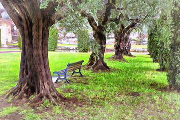 Beautiful romantic view on old garden with the bench