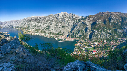 Bay of Kotor from the height of Vrmac. View of Kotor. Mountains and bay in Montenegro.