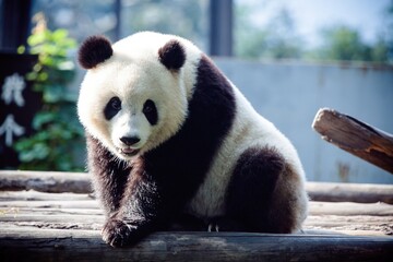 Obraz premium Adorable and flully giant panda sitting under the sun on a wooden surface, smiling and being happy (at the Beijing zoo, China).