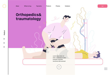 Medical insurance - orthopedic and traumathology -modern flat vector concept digital illustration - an orthopaedist attaching the orthosis to a lying female patient, medical office or laboratory