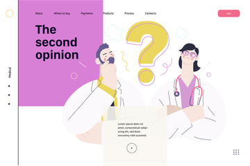 Medical insurance template -second opinion on a matter -modern flat vector concept digital illustration of two doctors and a question mark, second medical opinion metaphor, medical insurance plan