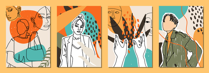 Set of Woman's and Man's Face minimalist collage abstract contemporary fashion in a modern trendy colors.