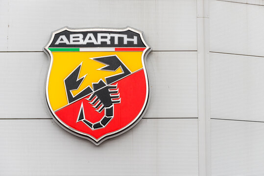 Northampton UK February 03 2018: Abarth Fiat car dealer logo sign stand in Northampton Town Centre