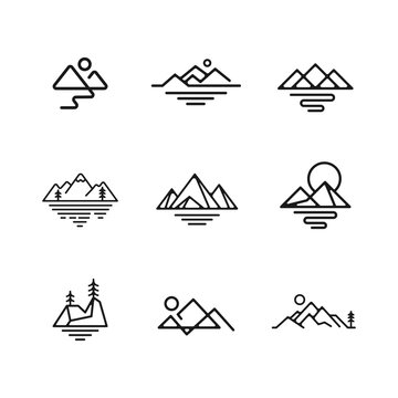mountain line logo icon set, geometric hill mount rock vector illustration collection