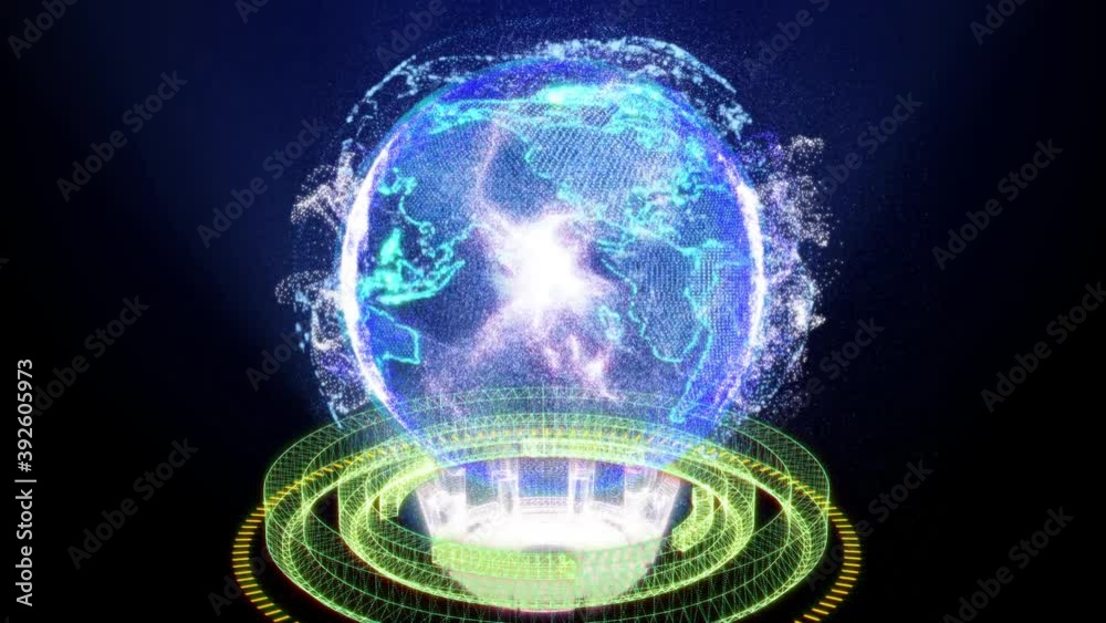 Aufkleber digital futuristic spinning world on 3d rendering circle wireframe gear wheel 4k animation.