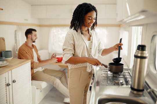 Love Couple Cooking In Rv Kitchen, Camping