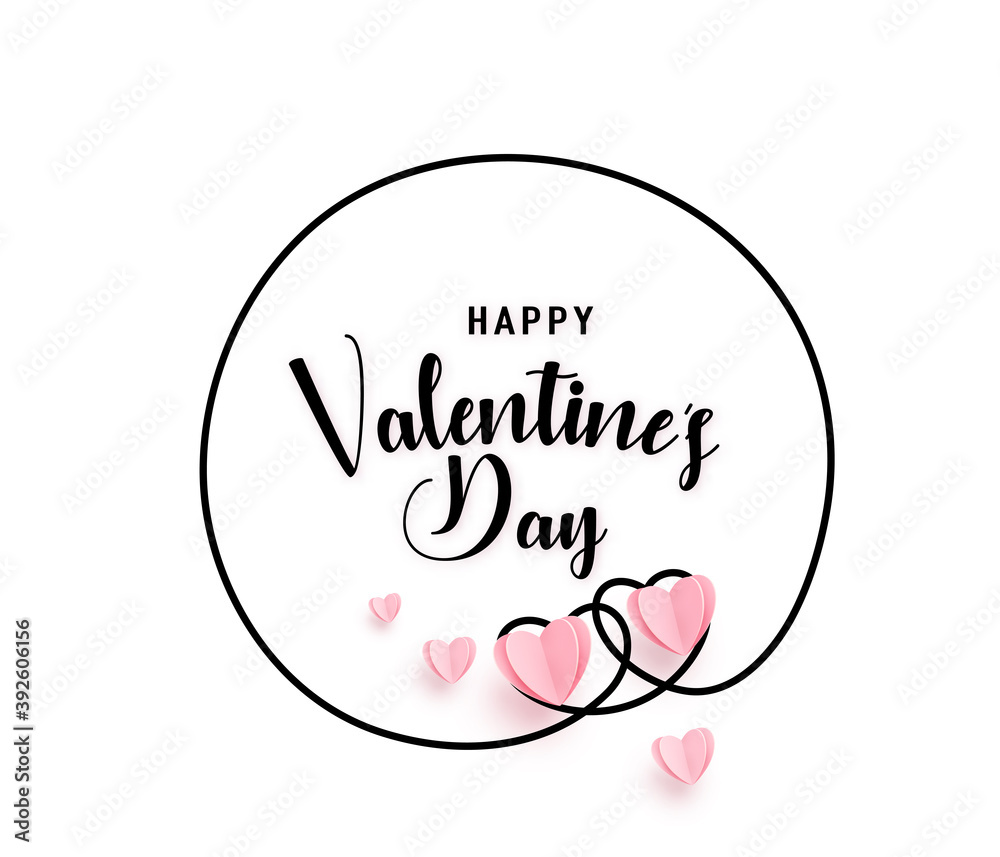 Wall mural continuous line heart round shape frame with realistic paper heart and greeting happy valentine day 