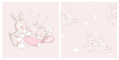 Fototapeta na wymiar Seamless pattern with. Cute little hares with mom. Cute white baby bunnies take baths in a cup.