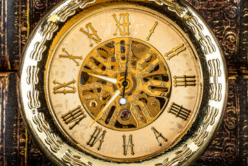 Fototapeta na wymiar Antique clock dial close-up. Vintage pocket watch.