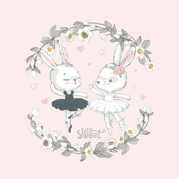 Illustration of two grey and white dancing ballerina bunnyes. Little rabbits girls dancing. Wreath with beautiful flowers in the background.