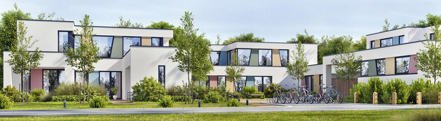 Fototapeta na wymiar Modern school building exterior design or modern new office. Bicycle parking, lawn, trees and road