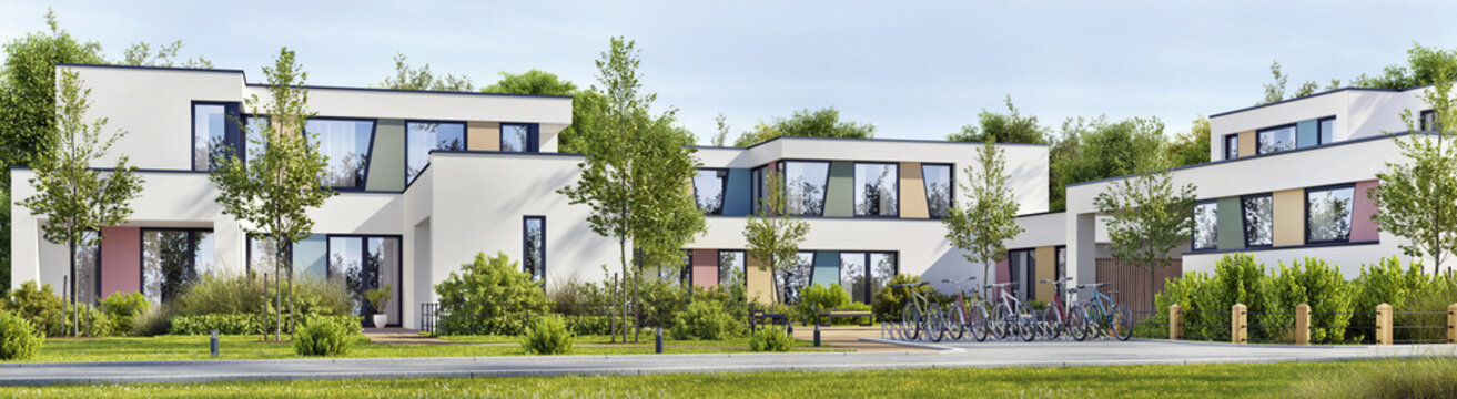 Modern School Building Exterior Design Or Modern New Office. Bicycle Parking, Lawn, Trees And Road