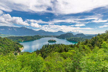 Fototapeta na wymiar Summer Lake Bled from viewpoint Ojstrica, Slovenia