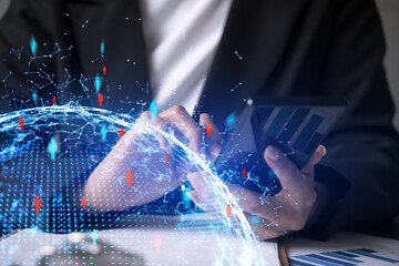 Businesswoman using smart phone in office. Social media icon hologram. Business network concept. Double exposure.