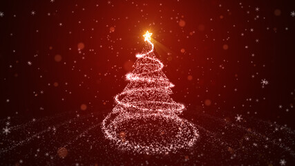 White Christmas tree with shining light on red background, falling snowflakes and stars. Christmas or New Year background Concept
