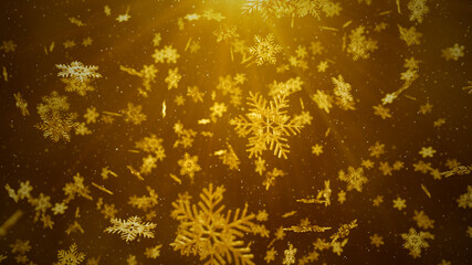 Gold Color Snowflakes and stars falling on red background, Christmas or New Year background Concept. 3D rendering