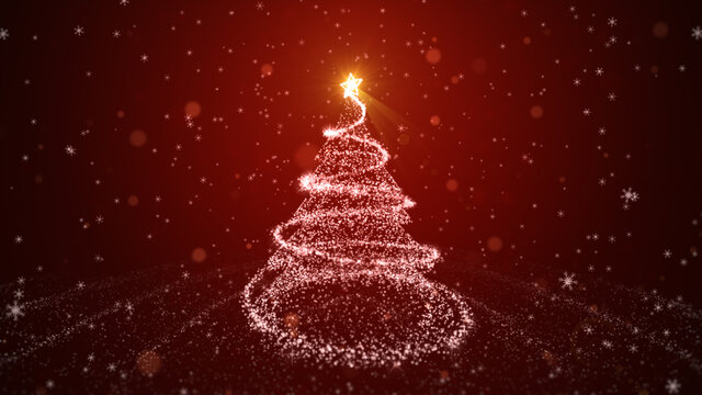 White Christmas tree with shining light on red background, falling snowflakes and stars. Christmas or New Year background Concept - Powered by Adobe