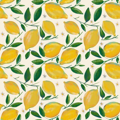 Lemon fruits  on twigs seamless summer pattern