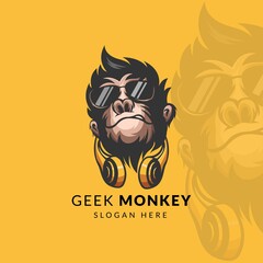 Awesome monkey geek with headphone logo design vector - obrazy, fototapety, plakaty