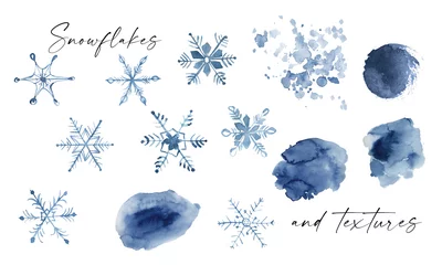Fotobehang Watercolor Snowfalkes frames, Watercolor winter holiday clipart, hand drawn navy blue snowflakes for planner , greeting cards, gift tags © Olga