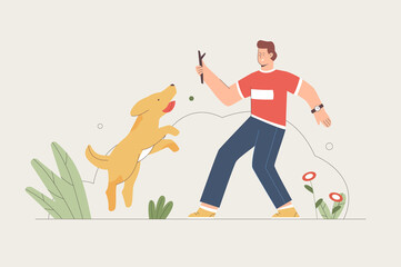 Young man training dog with stick. Male character playing with dog on a walk. Flat style vector illustration.