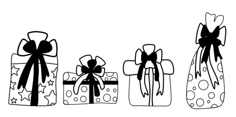Doodle set of presents isolated on a white background. Cute collection of cartoon gift boxes for Birthday, Christmas or Valentine's day.Thin line doodle icon set. vector gift box icon. Hand drawn