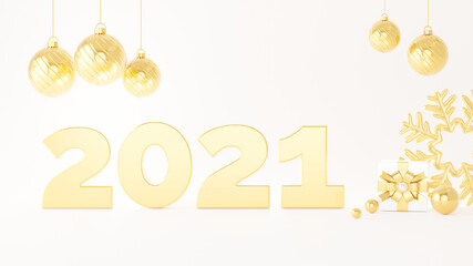 Obraz na płótnie Canvas 3d render of gold 2021 happy new year background with decoration