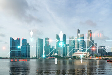 Social media icons hologram over panorama city view of Singapore, Asia. The concept of people networking and connections. Double exposure.