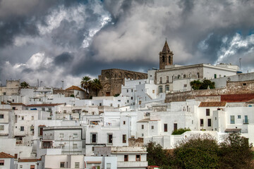 View of Vejer de la Frontera, a pretty Spanish town, on a stormy day.