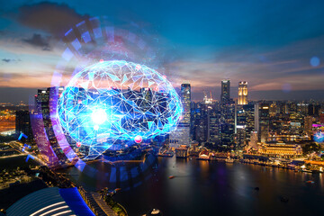 Glowing human brain hologram, aerial panoramic cityscape of Singapore at sunset. The center of business education in Asia. Double exposure.