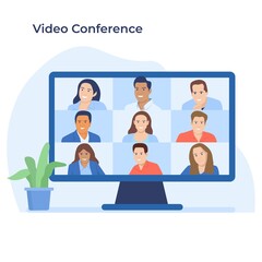 Fototapeta na wymiar Stay and work from home. Video conference illustration. Workplace, laptop screen, group of people talking by internet. Stream, web chatting, online meeting friends. Coronavirus, quarantine isolation.