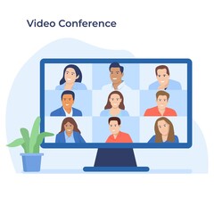 Stay and work from home. Video conference illustration. Workplace, laptop screen, group of people talking by internet. Stream, web chatting, online meeting friends. Coronavirus, quarantine isolation.