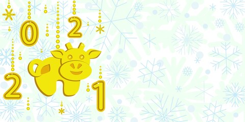 New Year's image with the 2021 symbol bull surrounded by snowflakes and beads.
