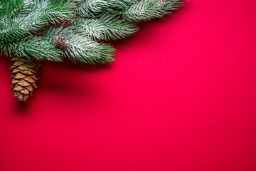 Fototapeta na wymiar Red New Year or Christmas background with fir branch covered with snow and Christmas decor.